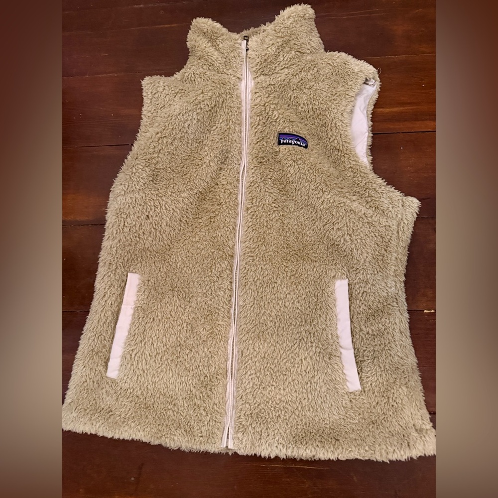 Patagonia Beige Sherpa Fleece Vest with Multi-Color Logo
